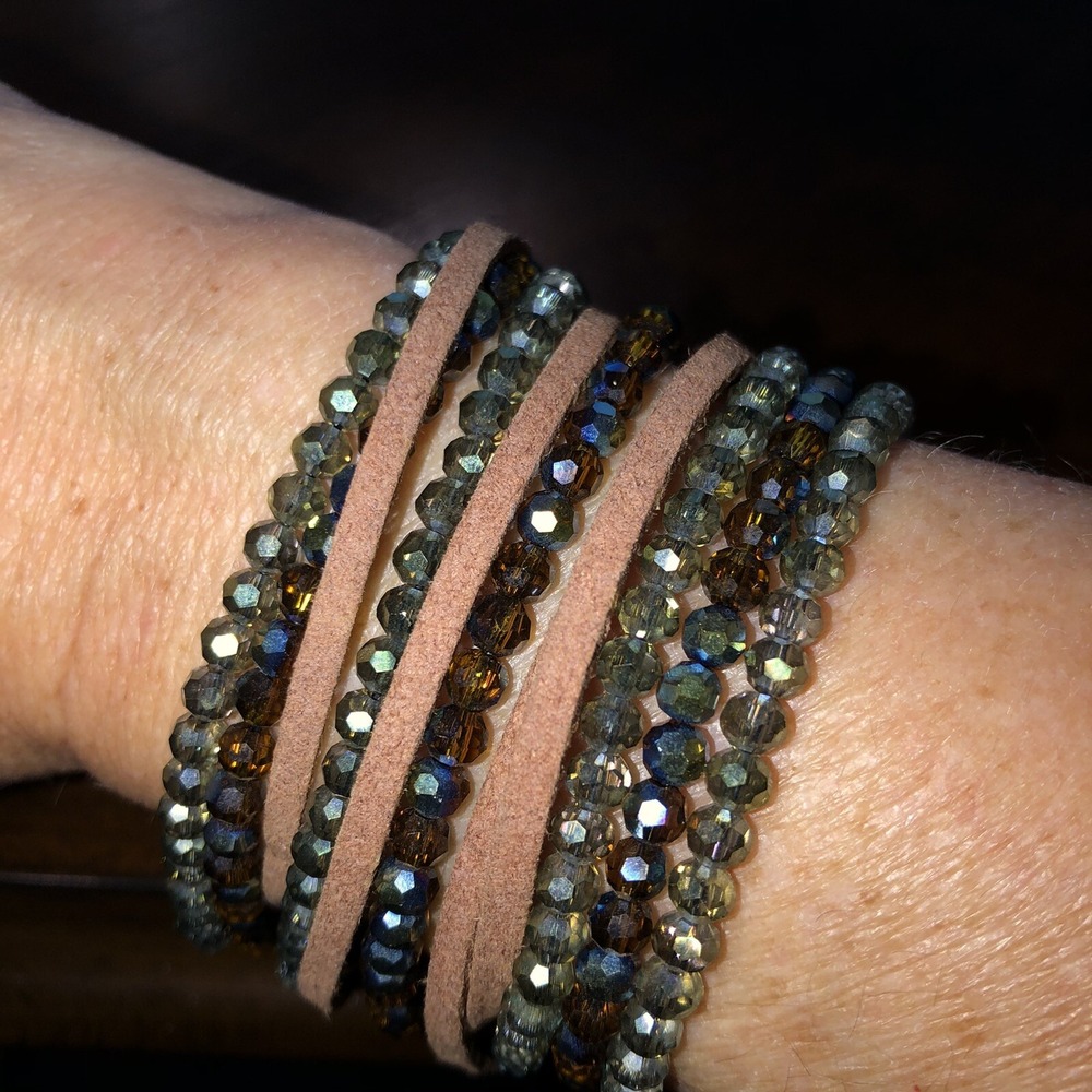 Leather & Crystal Cuff Wide Bracelet Brown Leather Green AB Crystal Multi Strand - Picture 2 of 12